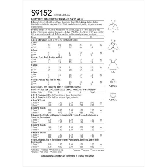 Simplicity Sewing Pattern 9152 Dress Crossed Back Panties Hat Babies XS-XL - Picture 2 of 6